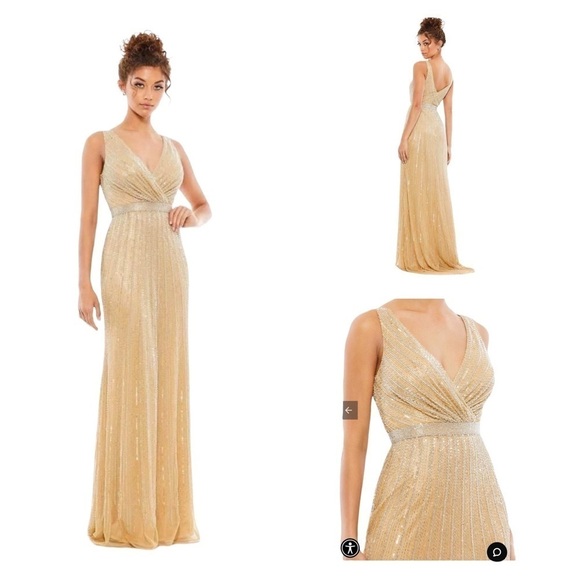 NEW MAC DUGGAL Gold Champagne Beaded Plunging Surplice Maxi Gown Size 12 - Picture 1 of 10
